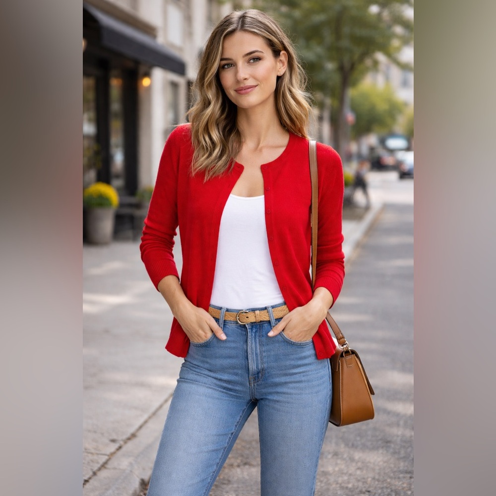 J. Crew Red Crewneck Cardigan